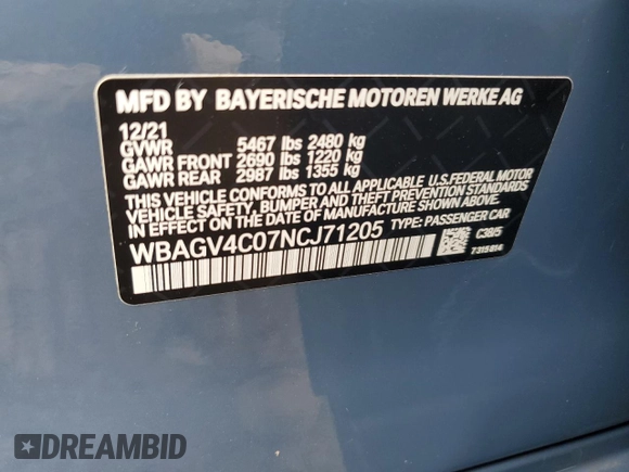 2022 BMW 8 Series 840i with VIN WBAGV4C07NCJ71205, listed as a Copart auction lot 62498374 with 9,531 mi miles and Salvage title. Bid and sale history available at DreamBid. Image 12.