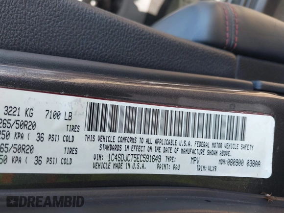 2014 Dodge Durango R/T z VIN 1C4SDJCT5EC591649, wystawiony jako IAAI lot #42346947 z przebiegiem 143 143 mil mil oraz . Historia ofert i sprzedaży dostępna na DreamBid. Obrazek 9.