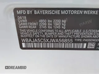 2018 BMW 5 Series 530i with VIN WBAJA5C5XJWA56855, listed as a IAAI auction lot 41128814 with Not Provided miles and . Bid and sale history available at DreamBid. Image 9.