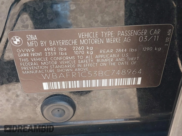 2011 BMW 5 Series 528i with VIN WBAFR1C53BC748964, listed as a IAAI auction lot 41914066 with 134,428 mi miles and . Bid and sale history available at carsss.com. Image 9.