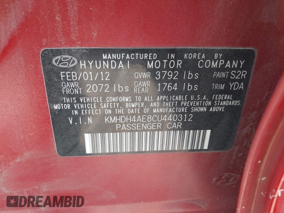 2012 Hyundai Elantra GLS with VIN KMHDH4AE8CU440312, listed as a IAAI auction lot 42726530 with 183,478 mi miles and . Bid and sale history available at DreamBid. Image 9.