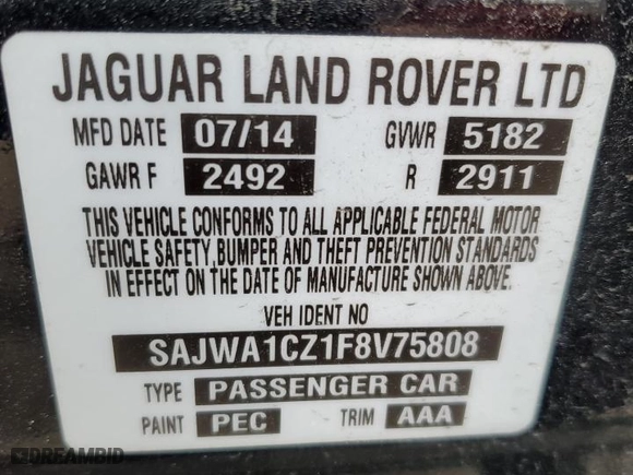 2015 Jaguar XJ with VIN SAJWA1CZ1F8V75808, listed as a Copart auction lot 44436825 with 0 mi miles and Salvage Title. Bid and sale history available at carsss.com. Image 15.
