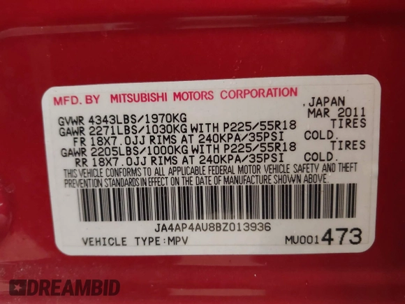 2011 Mitsubishi Outlander Sport SE with VIN JA4AP4AU8BZ013936, listed as a IAAI auction lot 41746914 with 150,739 mi miles. Bid and sale history available at carsss.com. Image 9.