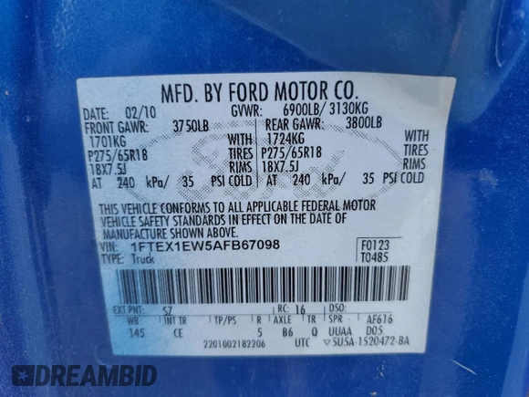 2010 Ford F-150 XL с VIN 1FTEX1EW5AFB67098, выставлен на аукционе Copart как лот 55912555 с пробегом 128 679 миль миль и Чистый • Clean title. История ставок и продаж доступна на DreamBid. Изображение 12.