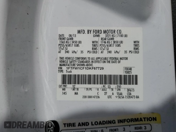 2013 Ford F-150 XL with VIN 1FTFW1CF1DKF67729, listed as a Copart auction lot 54358845 with 182,375 mi miles and Clean Title. Bid and sale history available at carsss.com. Image 12.