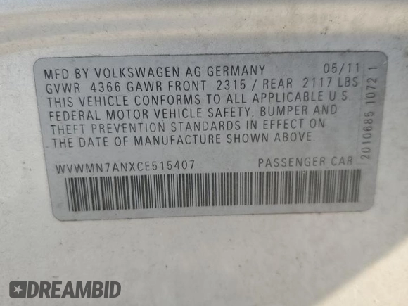 2012 Volkswagen CC Sport z VIN WVWMN7ANXCE515407, wystawiony jako Copart lot #52507705 z przebiegiem 181 036 mil mil oraz Szkoda całkowita • Salvage title. Historia ofert i sprzedaży dostępna na DreamBid. Obrazek 14.