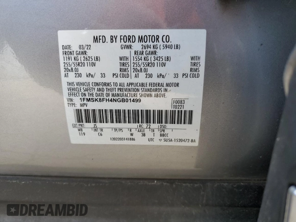 2022 Ford Explorer Limited z VIN 1FMSK8FH4NGB01499, wystawiony jako Copart lot #52972495 z przebiegiem 60 468 mil mil oraz Czysty tytuł • Clean title. Historia ofert i sprzedaży dostępna na DreamBid. Obrazek 13.