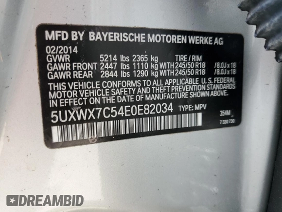 2014 BMW X3 xDrive35i z VIN 5UXWX7C54E0E82034, wystawiony jako Copart lot #57853795 z przebiegiem Nie podano mil oraz Szkoda całkowita • Salvage title. Historia ofert i sprzedaży dostępna na DreamBid. Obrazek 13.