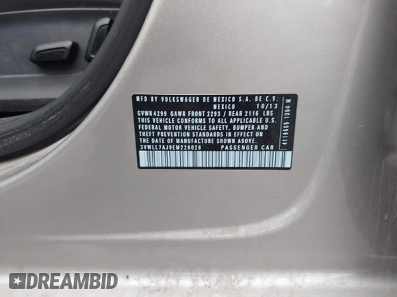 2014 Volkswagen Jetta TDI w/Premium/Nav with VIN 3VWLL7AJ9EM226026, listed as a IAAI auction lot 42219871 with 100,386 mi miles and . Bid and sale history available at DreamBid. Image 9.
