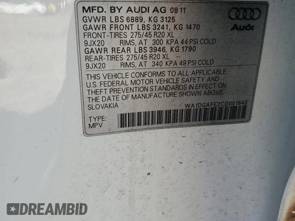 2012 Audi Q7 3.0T S line with VIN WA1DGAFE2CD001843, listed as a Copart auction lot 83476184 with 0 mi miles and Salvage Title. Bid and sale history available at carsss.com. Image 13.