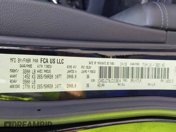 2020 Dodge Durango R/T with VIN 1C4SDJCT0LC212814, listed as a IAAI auction lot 42578232 with 90,325 mi miles and . Bid and sale history available at DreamBid. Image 9.