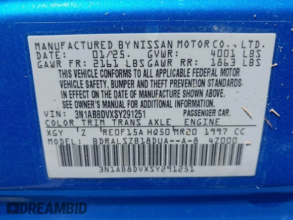 2025 Nissan Sentra SR with VIN 3N1AB8DVXSY291251, listed as a IAAI auction lot 41952362 with 2,802 mi miles and . Bid and sale history available at DreamBid. Image 9.