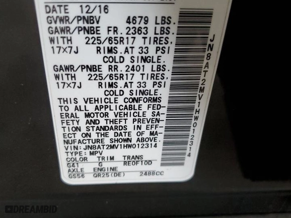 2017 Nissan Rogue SL with VIN JN8AT2MV1HW012314, listed as a Copart auction lot 51257035 with 56,507 mi miles and Clean Title. Bid and sale history available at carsss.com. Image 12.