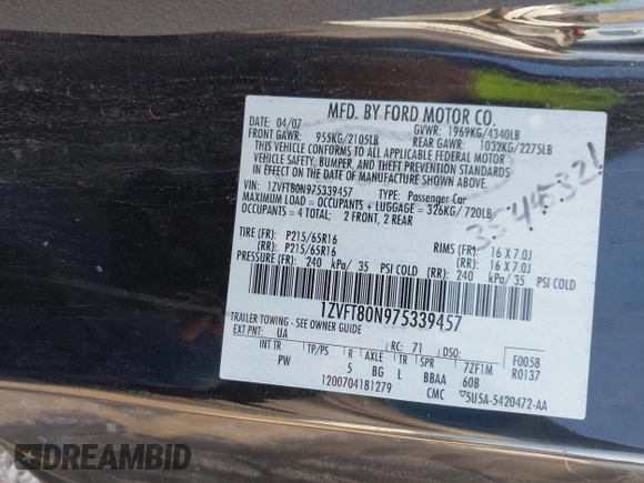 2007 Ford Mustang Deluxe с VIN 1ZVFT80N975339457, выставлен на аукционе IAAI как лот 42080705 с пробегом 174 771 миль миль и . История ставок и продаж доступна на DreamBid. Изображение 9.