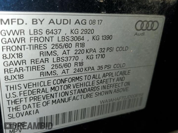 2018 Audi Q7 Premium with VIN WA1AHAF72JD008158, listed as a Copart auction lot 88866245 with 100,680 mi miles and Clean title. Bid and sale history available at DreamBid. Image 13.