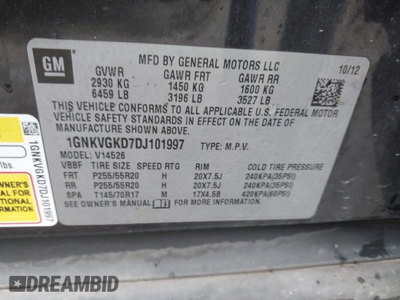 2013 Chevrolet Traverse LT with VIN 1GNKVGKD7DJ101997, listed as a IAAI auction lot 42001078 with 182,291 mi miles and . Bid and sale history available at DreamBid. Image 9.