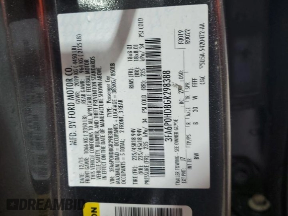 2016 Ford Fusion SE with VIN 3FA6P0HD8GR298388, listed as a Copart auction lot 60917585 with 89,854 mi miles and Salvage title. Bid and sale history available at DreamBid. Image 12.