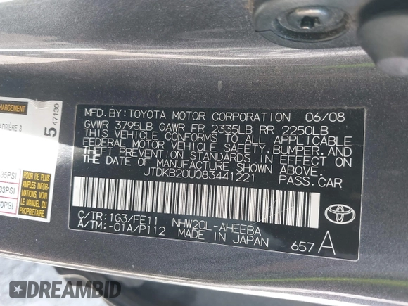 2008 Toyota Prius with VIN JTDKB20U083441221, listed as a IAAI auction lot 41945043 with 157,623 mi miles. Bid and sale history available at carsss.com. Image 9.