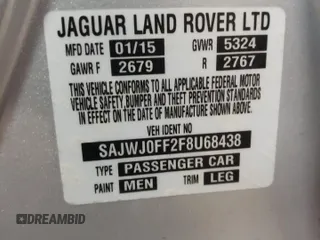 2015 Jaguar XF V6 Portfolio with VIN SAJWJ0FF2F8U68438, listed as a Copart auction lot 85130674 with 71,878 mi miles and Salvage Title. Bid and sale history available at carsss.com. Image 12.