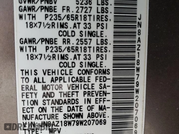 2009 Nissan Murano LE with VIN JN8AZ18W79W207069, listed as a Copart auction lot 72418844 with 188,117 mi miles and Clean Title. Bid and sale history available at carsss.com. Image 13.