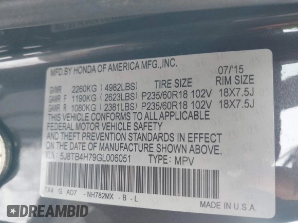 2016 Acura RDX Advance Pkg with VIN 5J8TB4H79GL006051, listed as a IAAI auction lot 41528926 with 72,170 mi miles. Bid and sale history available at carsss.com. Image 9.