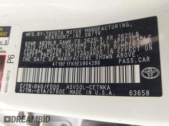 2014 Toyota Camry L with VIN 4T1BF1FK9EU864286, listed as a IAAI auction lot 41921249 with 154,122 mi miles. Bid and sale history available at carsss.com. Image 9.