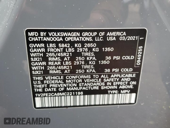 2021 Volkswagen Atlas SEL Premium R-Line with VIN 1V2FE2CA8MC221196, listed as a Copart auction lot 41882335 with 62,418 mi miles and Clean title. Bid and sale history available at DreamBid. Image 16.