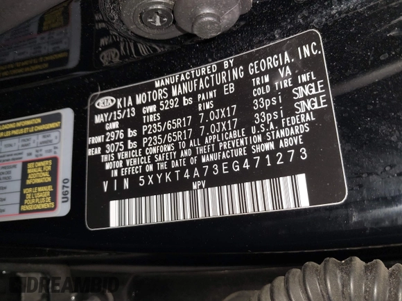 2014 Kia Sorento LX with VIN 5XYKT4A73EG471273, listed as a IAAI auction lot 41838577 with 102,760 mi miles and . Bid and sale history available at carsss.com. Image 9.