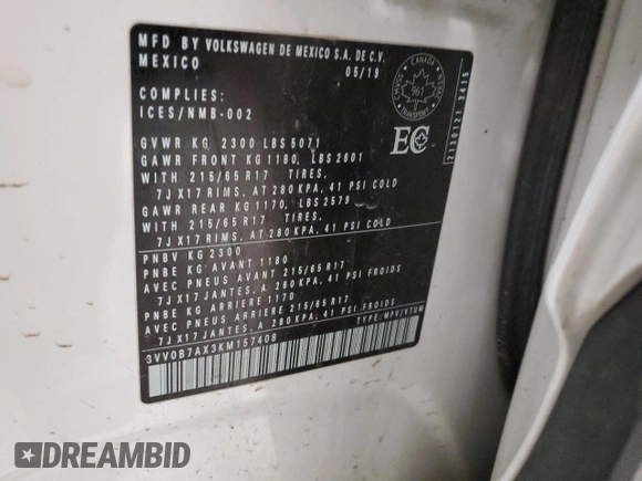 2019 Volkswagen Tiguan S with VIN 3VV0B7AX3KM157408, listed as a Copart auction lot 62118865 with 86,209 mi miles and Salvage title. Bid and sale history available at DreamBid. Image 14.