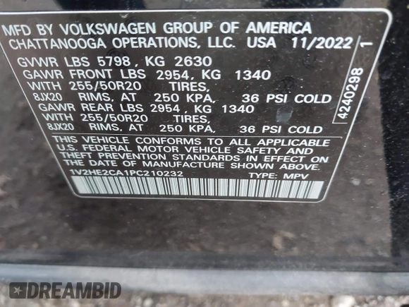 2023 Volkswagen Atlas SE z VIN 1V2HE2CA1PC210232, wystawiony jako IAAI lot #40966039 z przebiegiem 4 064 mil mil oraz . Historia ofert i sprzedaży dostępna na DreamBid. Obrazek 9.