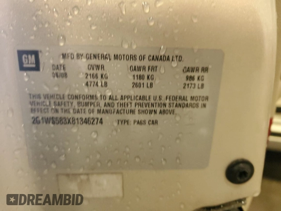 2008 Chevrolet Impala with VIN 2G1WS583X81346274, listed as a Copart auction lot 47580765 with 167,977 mi miles and Clean Title. Bid and sale history available at DreamBid. Image 12.