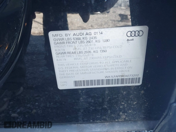 2014 Audi Q5 Premium Plus with VIN WA1LFAFPXEA073202, listed as a IAAI auction lot 41823284 with 98,779 mi miles. Bid and sale history available at carsss.com. Image 9.