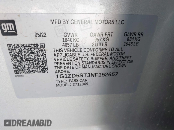2022 Chevrolet Malibu LT with VIN 1G1ZD5ST3NF152657, listed as a IAAI auction lot 41815190 with 54,797 mi miles and . Bid and sale history available at DreamBid. Image 9.