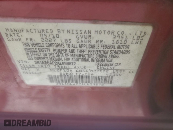 2010 Nissan Sentra S with VIN 3N1AB6AP2AL699572, listed as a Copart auction lot 61131934 with 165,275 mi miles and Clean title. Bid and sale history available at DreamBid. Image 12.