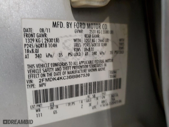 2011 Ford Edge Limited with VIN 2FMDK4KC3BBB67539, listed as a Copart auction lot 47959245 with 132,454 mi miles and Salvage Title. Bid and sale history available at carsss.com. Image 13.