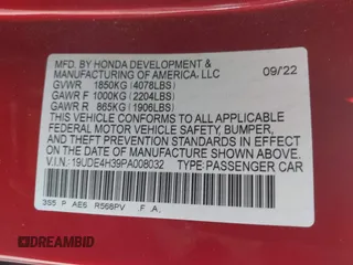 2023 Acura Integra w/A-Spec Package with VIN 19UDE4H39PA008032, listed as a IAAI auction lot 42519216 with 19,107 mi miles and . Bid and sale history available at DreamBid. Image 9.