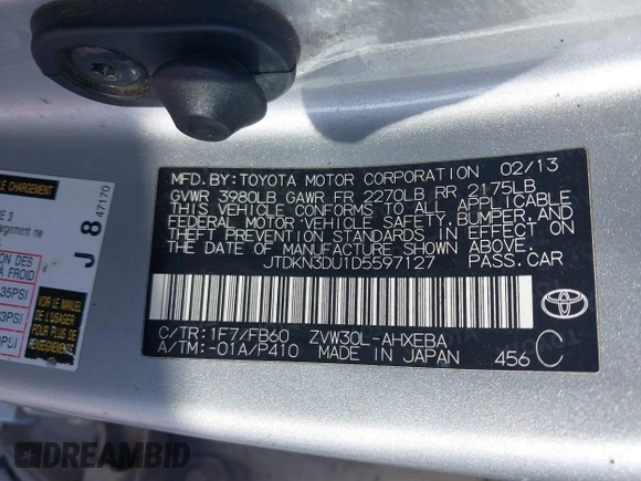 2013 Toyota Prius One with VIN JTDKN3DU1D5597127, listed as a IAAI auction lot 41455106 with 255,247 mi miles. Bid and sale history available at carsss.com. Image 9.