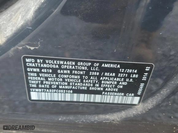 2015 Volkswagen Passat 1.8T Sport with VIN 1VWBT7A32FC052106, listed as a Copart auction lot 73689334 with 59,167 mi miles and Non Repairable. Bid and sale history available at carsss.com. Image 13.