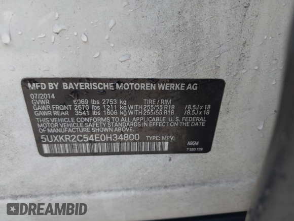 2014 BMW X5 sDrive35i z VIN 5UXKR2C54E0H34800, wystawiony jako IAAI lot #42110978 z przebiegiem 106 891 mil mil oraz . Historia ofert i sprzedaży dostępna na DreamBid. Obrazek 9.