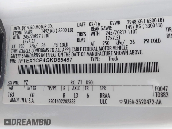 2016 Ford F-150 XL с VIN 1FTEX1CP4GKD65487, выставлен на аукционе IAAI как лот 41869782 с пробегом 164 928 миль миль и . История ставок и продаж доступна на DreamBid. Изображение 9.