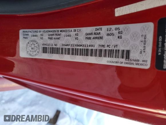 2006 Volkswagen Beetle with VIN 3VWRF21Y86M311491, listed as a Copart auction lot 87729475 with 158,535 mi miles and Non Repairable. Bid and sale history available at DreamBid. Image 12.
