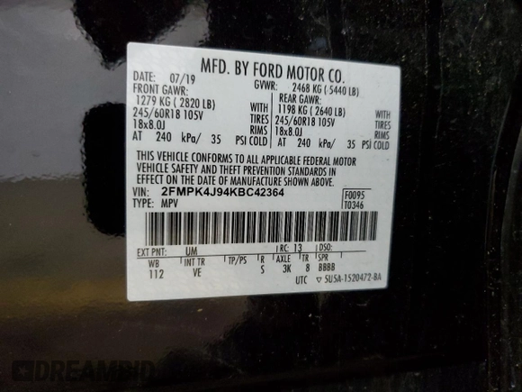 2019 Ford Edge SEL with VIN 2FMPK4J94KBC42364, listed as a Copart auction lot 56460675 with 32,154 mi miles and Salvage title. Bid and sale history available at DreamBid. Image 14.