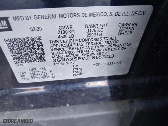 2020 Chevrolet Equinox LS with VIN 3GNAXSEV5LS653413, listed as a IAAI auction lot 41271338 with 37,803 mi miles. Bid and sale history available at carsss.com. Image 9.