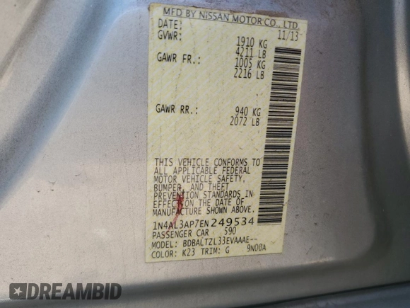 2014 Nissan Altima SV with VIN 1N4AL3AP7EN249534, listed as a Copart auction lot 54347665 with 225,857 mi miles and Clean Title. Bid and sale history available at DreamBid. Image 12.