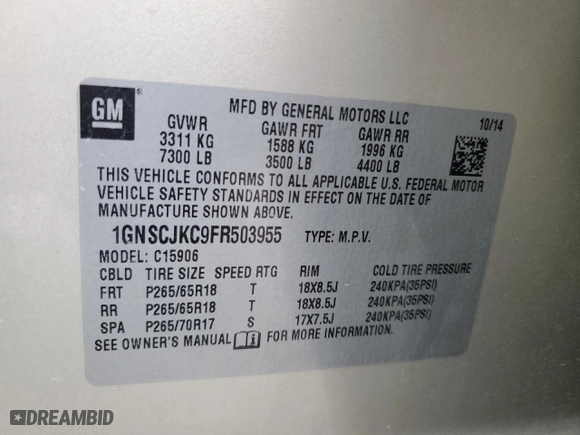 2015 Chevrolet Suburban LT with VIN 1GNSCJKC9FR503955, listed as a Copart auction lot 47382325 with 118,822 mi miles and Salvage Title. Bid and sale history available at carsss.com. Image 13.