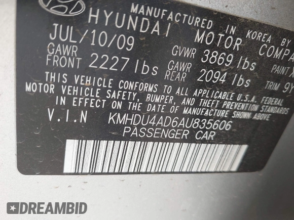 2010 Hyundai Elantra GLS z VIN KMHDU4AD6AU835606, wystawiony jako IAAI lot #42360904 z przebiegiem 94 385 mil mil oraz . Historia ofert i sprzedaży dostępna na DreamBid. Obrazek 9.