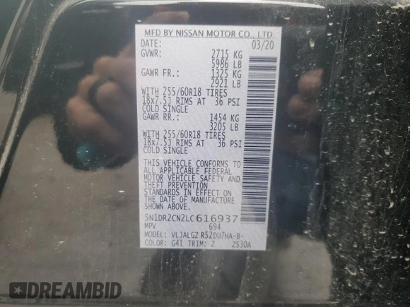 2020 Nissan Pathfinder SL with VIN 5N1DR2CN2LC616937, listed as a Copart auction lot 54741845 with 97,034 mi miles and Salvage title. Bid and sale history available at DreamBid. Image 14.