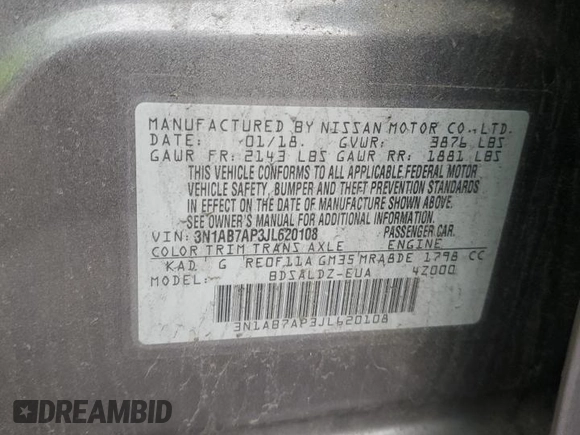 2018 Nissan Sentra SV with VIN 3N1AB7AP3JL620108, listed as a Copart auction lot 47922475 with 112,974 mi miles and Non Repairable. Bid and sale history available at DreamBid. Image 13.