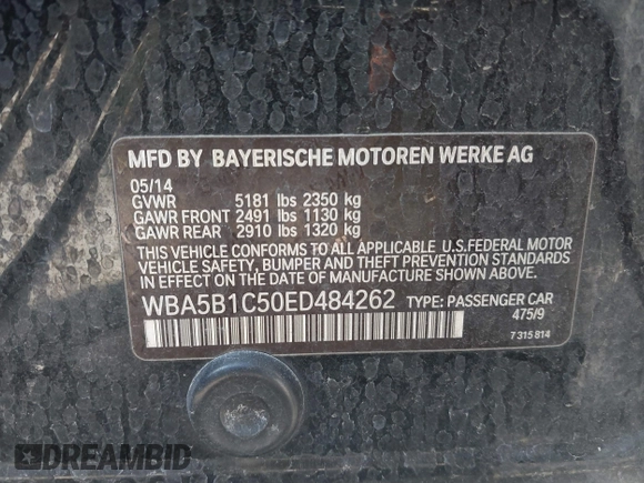 2014 BMW 5 Series 535i with VIN WBA5B1C50ED484262, listed as a IAAI auction lot 41463976 with Not Provided miles. Bid and sale history available at carsss.com. Image 9.