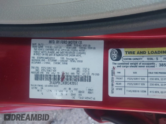 2011 Ford Fusion Hybrid with VIN 3FADP0L3XBR342051, listed as a IAAI auction lot 41880330 with 118,776 mi miles and . Bid and sale history available at DreamBid. Image 9.